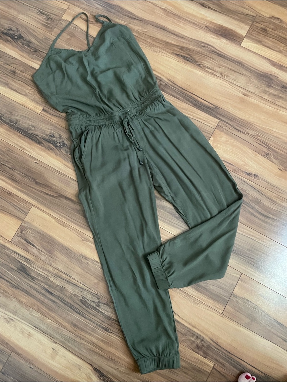 Splendid Women’s Olive Green Jumpsuit - Strappy Waist-Drawstring Design XS